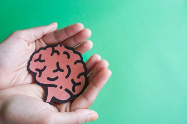 Açık mavi arka planda kağıttan yapılmış insan beyni şeklini tutan kadın elleri. Alzheimer, Parkinson hastalığı, bunama, felç, nöbet ya da akıl sağlığı. Nöroloji ve Psikoloji.