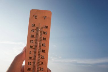 Celsius ve Fahrenheit termometresi Asya 'da gün ortasında artı 30 derecenin gökyüzü arka planında olduğunu gösteriyor. Termometre, yazın 30 derecenin üzerinde sıcaklık gösteriyor.