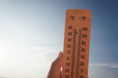 Celsius ve Fahrenheit termometresi Asya 'da gün ortasında artı 30 derecenin gökyüzü arka planında olduğunu gösteriyor. Termometre, yazın 30 derecenin üzerinde sıcaklık gösteriyor.