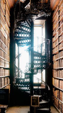 Yerden tavana kitaplıkları olan klasik bir kütüphanede süslü demirden yapılma spiral merdiven..