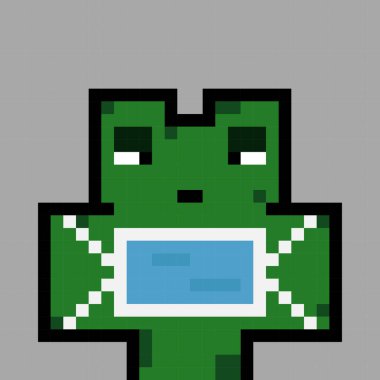 8 parça piksel kurbağa karakteri. Oyun varlıkları veya çapraz dikiş desenleri için vektör çizimlerindeki hasta kurbağa