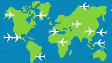 Gökyüzünde uçak trafiği. Dünya Uçak Uçuş Seyahati. Gökyüzünde bir sürü uçak var. Şehrin üzerinde uçaklar. 4k video canlandırması.