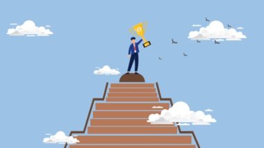 Kazanan kupa. Başarı konseptine doğru. Merdivenlerin tepesinde başarı kupasına ulaşmak için merdivenler. 4k animasyon videosu