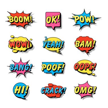 Çizgi roman patlaması metin balonları düz simge koleksiyonu