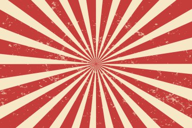 Sirk arka planı ve spiral retro ışın vektör deseni. Kırmızı beyaz güneşin klasik posteri ya da yıldız patlamış radyal çizgiler grunge deseni, sirk, karnaval, yaz festivali ya da chapiteau arka planı