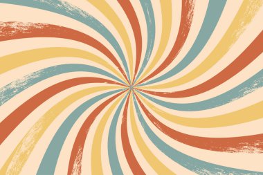 Retro spiral arka plan modeli. Dönen vektör güneş ışığı. Psikedelik radyal patlama ve grunge dokusu. 70 'lerin hipnotik yıldız patlaması illüstrasyonu. Soyut klasik renkli çember arkaplanı