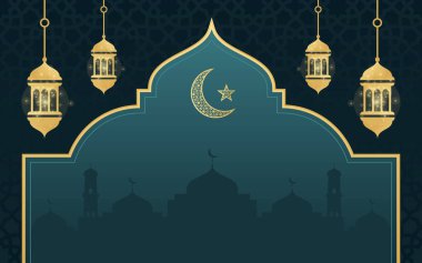 Siluet Camii, Hilal Ay ve Fenerli Zarif İslami Ramazan Arkaplan Vektörü