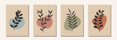 Soyut botanik yaprak posterleri. Çiçek duvar sanatı, kart baskısı duvar kağıdı kapağı için minimum bitki seti, el çizimi tasarımı, vektör illüstrasyonu
