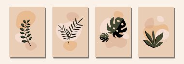 Boho estetik soyut botanik duvar resimleri posterleri. İskandinav tasarımı, doğal doğal renkler. Bohem kolaj duvar izleri. Orta Çağ Modern Tasarımı. Meyve posterleri dikin. Vektör illüstrasyonu