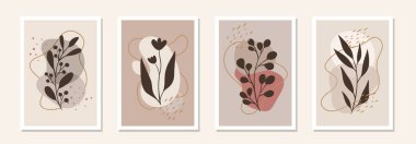 Soyut doğal botanik duvar resimleri. Tarafsız renklerde akışkan organik yapraklar. Çok az çiçek izi var. Orta Çağ Modern Tasarım Duvar Sanatı. Retro bitki vektörü EPS10 tropikal illüstrasyon