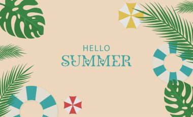 Renkli Plaj Elemanlarıyla Merhaba Yaz Sancak Şablonu Sezonluk Tanıtım ve Tatil ilanları için Canlı Vektör Tasarımı