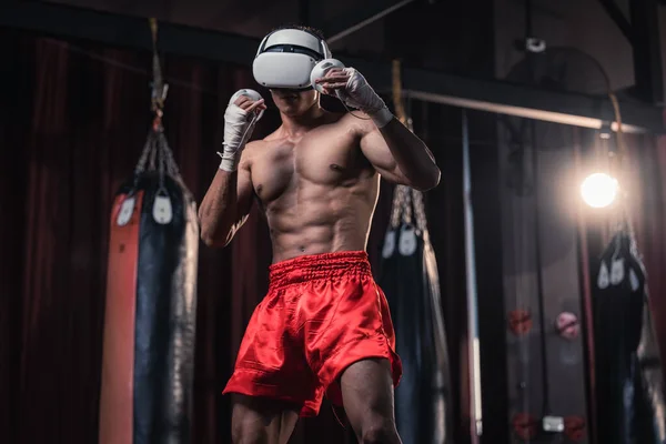 Boxeador Profissional Usa Fones Ouvido Realidade Virtual Para Envolver Simulações — Fotografia de Stock