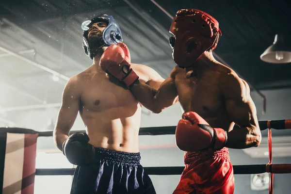 Boxer use various punch combinations, including the jab, hook, uppercut, cross, swing, straight. Getting in close to make opponent on ropes and knockout. Boxing champions win the round in boxing ring