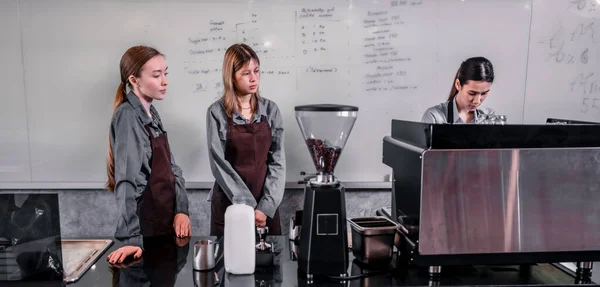 Jovens Cafeteiras Adultas Trabalham Com Baristas Qualificados Para Criar Menus — Fotografia de Stock