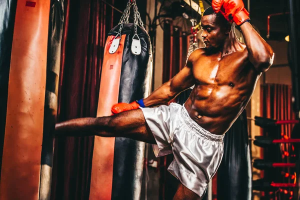 Boxers Professional Level Routinely Train Punching Kicking Sandbags Successful Individual — Stock Photo, Image