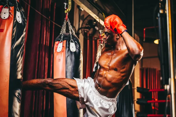 专业水平的拳击手经常用拳打脚踢沙袋进行训练 要想在个人的职业生涯中取得成功 决心和耐心是必不可少的品质 — 图库照片