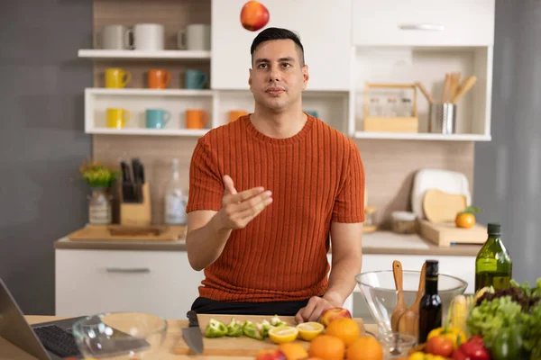 Homely Healthy Male Prepares Nutritious Diet Including Variety Fruits Cooking — Stock Photo, Image