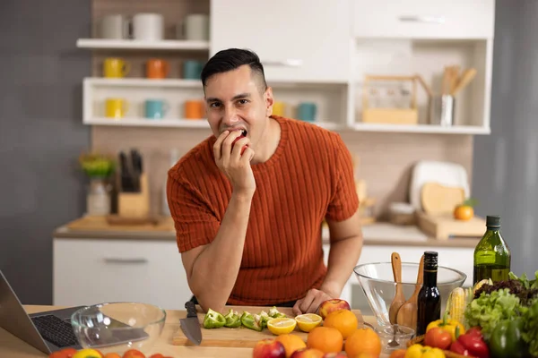Homely Healthy Male Prepares Nutritious Diet Including Variety Fruits Cooking — Stock Photo, Image