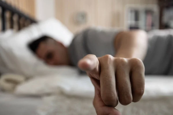Lazy Man Oversleep Wake Late Hit Alarm Clock Frequently Madness — Stock Photo, Image