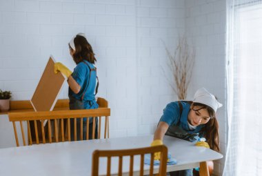 Hevesli ev temizlikçisi kadın çeşitli görevlerde sorumluluk sahibi. Paspas, süpürge, çamaşır makinesi, temizlik malzemeleri, temizlik malzemeleri mobilya, cam, zemin, giysi, bulaşık....