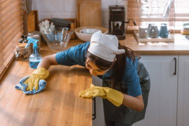 Hevesli ev temizlikçisi kadın çeşitli görevlerde sorumluluk sahibi. Paspas, süpürge, çamaşır makinesi, temizlik malzemeleri, temizlik malzemeleri mobilya, cam, zemin, giysi, bulaşık....