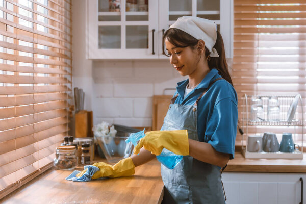 Enthusiastic house cleaning lady do various tasks with responsibility. Using mop, broom, laundry machine, cleaning supplies to wipe, scrub, and dust furniture, glassware, floors, clothes, dishes.