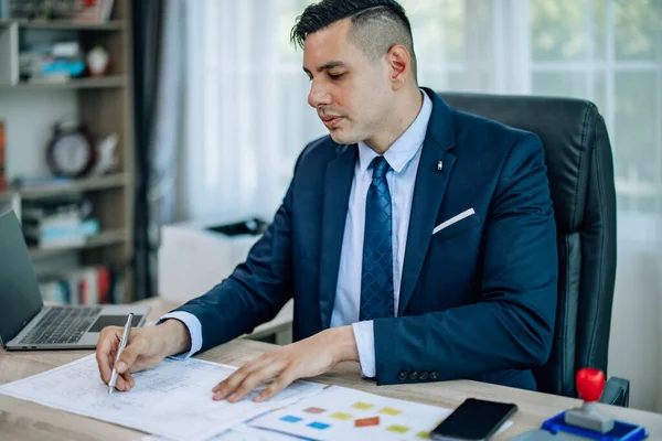 Determined Business Supervisor Carefully Analyzes Proposal Contract Permitting Once Approved — Stock Photo, Image