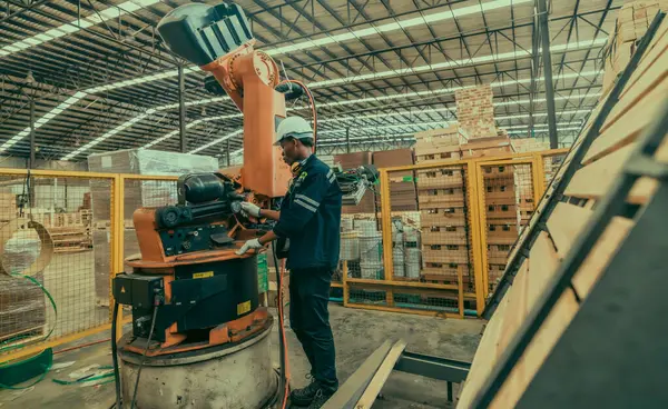木材制造中的机器人技师实际上维护了机器人武器 确保了生产力 效率和安全 分析数据库并集成先进控制流程 — 图库照片