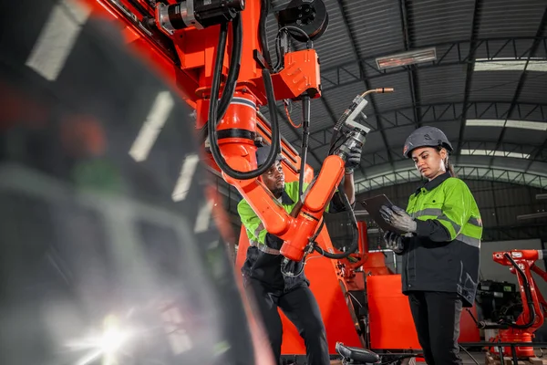 Robotic Technicians Perform Regular Maintenance Inspecting Testing Repairing Machinery Engines — Stock Photo, Image