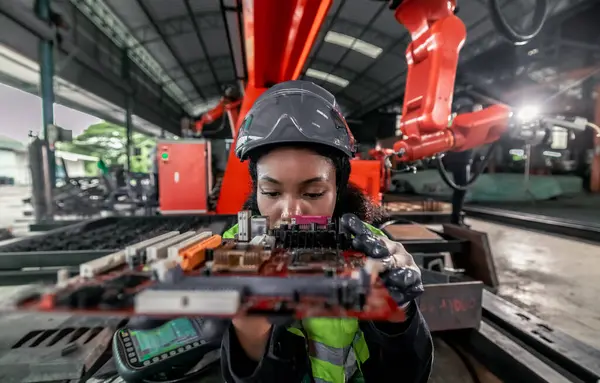 Bir Makine Mühendisi Fabrika Robotu Kolunun Elektrik Sinyalini Performansını Enerji — Stok fotoğraf