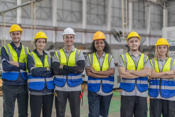 A diverse and multicultural team of cardboard workers creates positive, collaborative environment, driving and cooperating success on the manufacturing production line through engagement and teamwork
