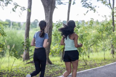 Modern kıyafetler giymiş modaya uygun bayan koşucular ritmik ritimlerde huzur buluyor. Enerjiyi hayatın sabit ve sakin akışının ortasında şarj et. Kamu yolunda koşarken sükuneti kucakla.