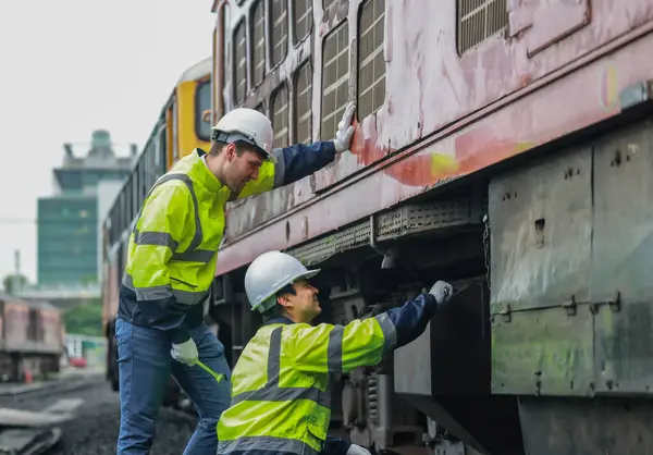 Los Técnicos Ingeniería Locomotoras Mantienen Control Emisiones Los Ferrocarriles Identificando — Foto de Stock