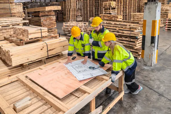Holzarbeiter Bewerten Entwürfe Wählen Kohlenstoffarme Materialien Aus Und Folgen Schemata — Stockfoto