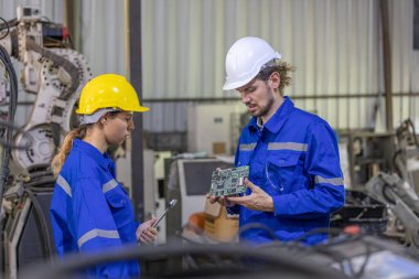Robot teknisyenleri standart şartları sağlamak için robot kollarını, motorlarını kontrol eder, kontrol eder, onarır..
