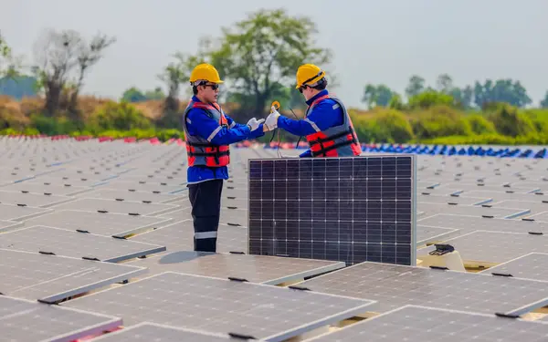 Technicy Hodowli Słonecznej Kontrolują Systemy Elektryczne Aby Zapewnić Prawidłowe Okablowanie — Zdjęcie stockowe