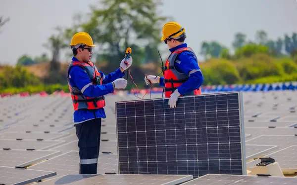 Floating Solar Farming Technicians Inspect Electrical Systems Ensure Proper Wiring — Stock Photo, Image