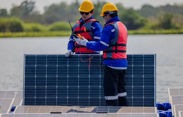 Техники Плавающего Солнечного Земледелия Проверяют Электрические Системы Обеспечить Надлежащую Проводку — стоковое фото