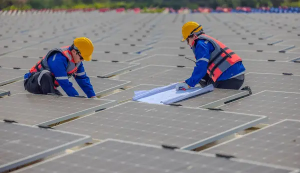Два Инженера Солнечного Земледелия Внимательно Изучают Набор Чертежей Проводя Этом — стоковое фото