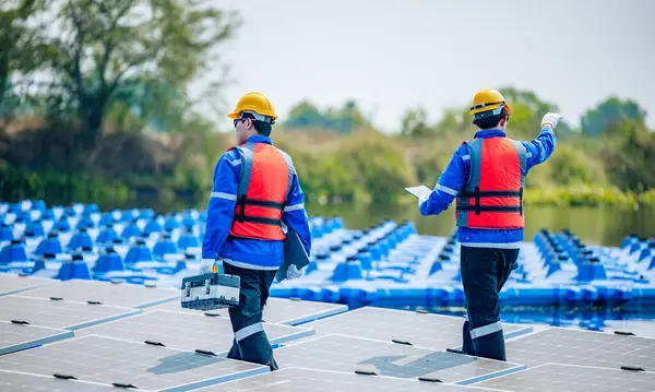 Due Ingegneri Solari Che Indossano Dispositivi Protezione Caschi Ispezionano Visivamente — Foto Stock