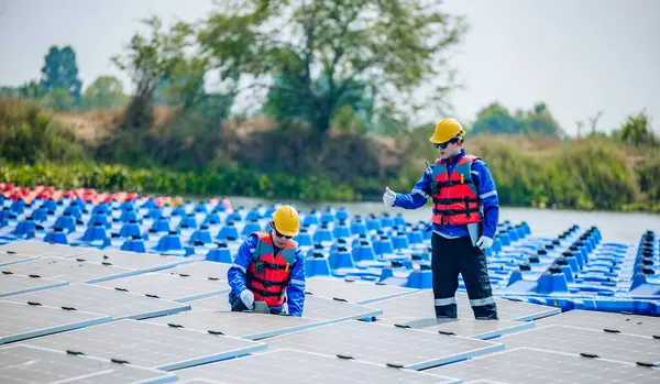 Два Солнечных Инженера Защитных Костюмах Шлемах Визуально Проверяют Выравнивание Стабильность — стоковое фото
