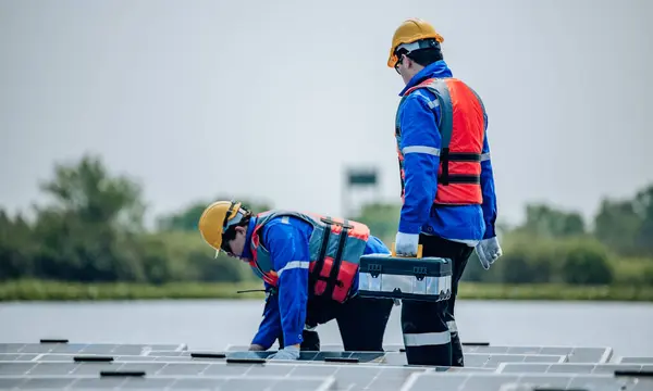 两名戴防护装置和钢盔的太阳能工程师目视检查了一大批浮动太阳能电池板的配合 稳定性和质量保证 以满足标准要求 — 图库照片