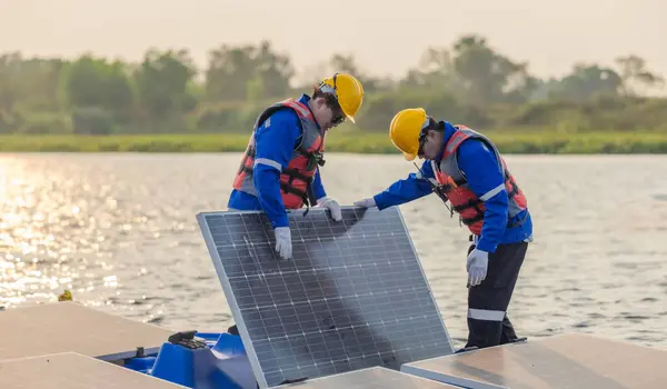 Dos Ingenieros Solares Que Usan Equipo Protección Cascos Inspeccionan Visualmente — Foto de Stock