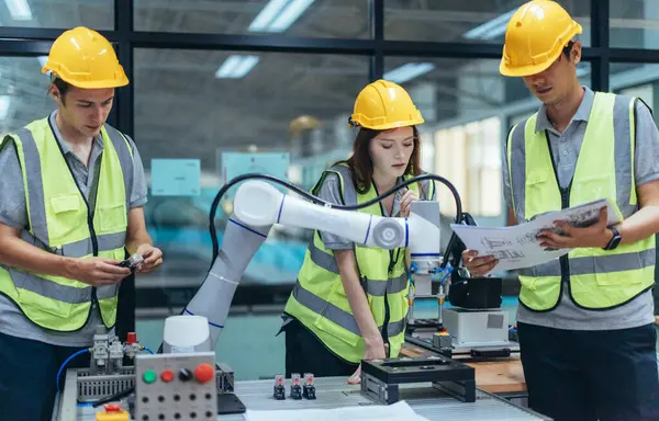 Trainees analyze technical blueprint, program, control robotic arm during practical learning lesson in robot system programming at a manufacturing academy. Emphasizing hands-on experience and skills.