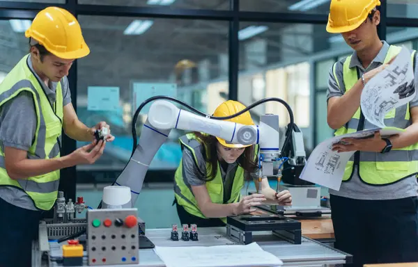 Trainees analyze technical blueprint, program, control robotic arm during practical learning lesson in robot system programming at a manufacturing academy. Emphasizing hands-on experience and skills.