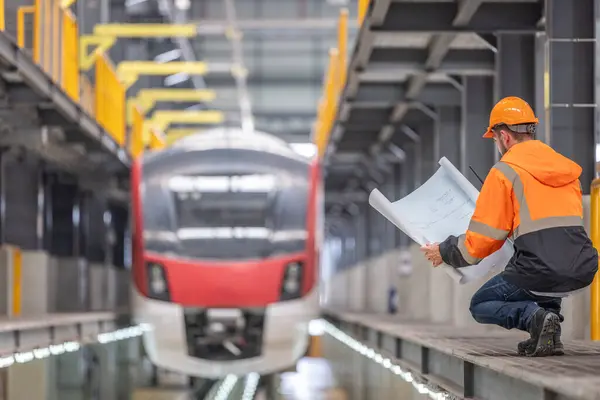 Engineer Use Blueprint Lead Green Railway Project Develop Sustainable Infrastructure — Stock Photo, Image