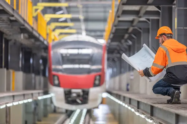 Ingenieure Nutzen Blaupausen Grüne Eisenbahnprojekte Leiten Und Eine Nachhaltige Infrastruktur — Stockfoto