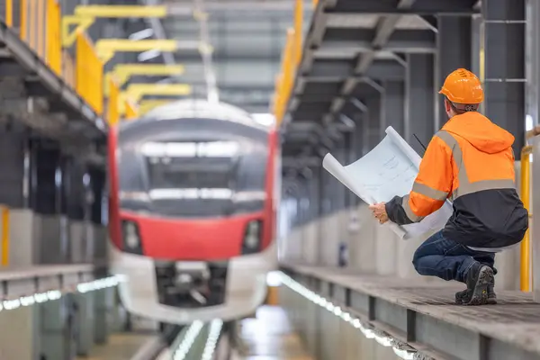 Ingeniero Utiliza Plan Para Liderar Proyecto Ferroviario Verde Desarrollar Infraestructura —  Fotos de Stock