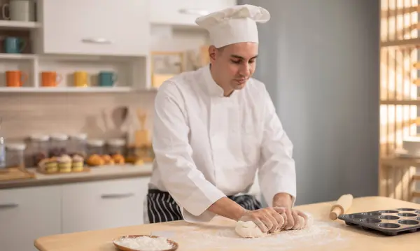 Professional Master Chef Intently Kneading Flour Surface Initial Stages Bread — Stock Photo, Image