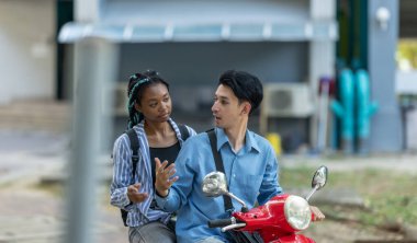 Two young professionals commute together on an electric motorcycle, promoting sustainable and eco friendly travel in an urban setting. The image highlights modern transportation and teamwork. clipart